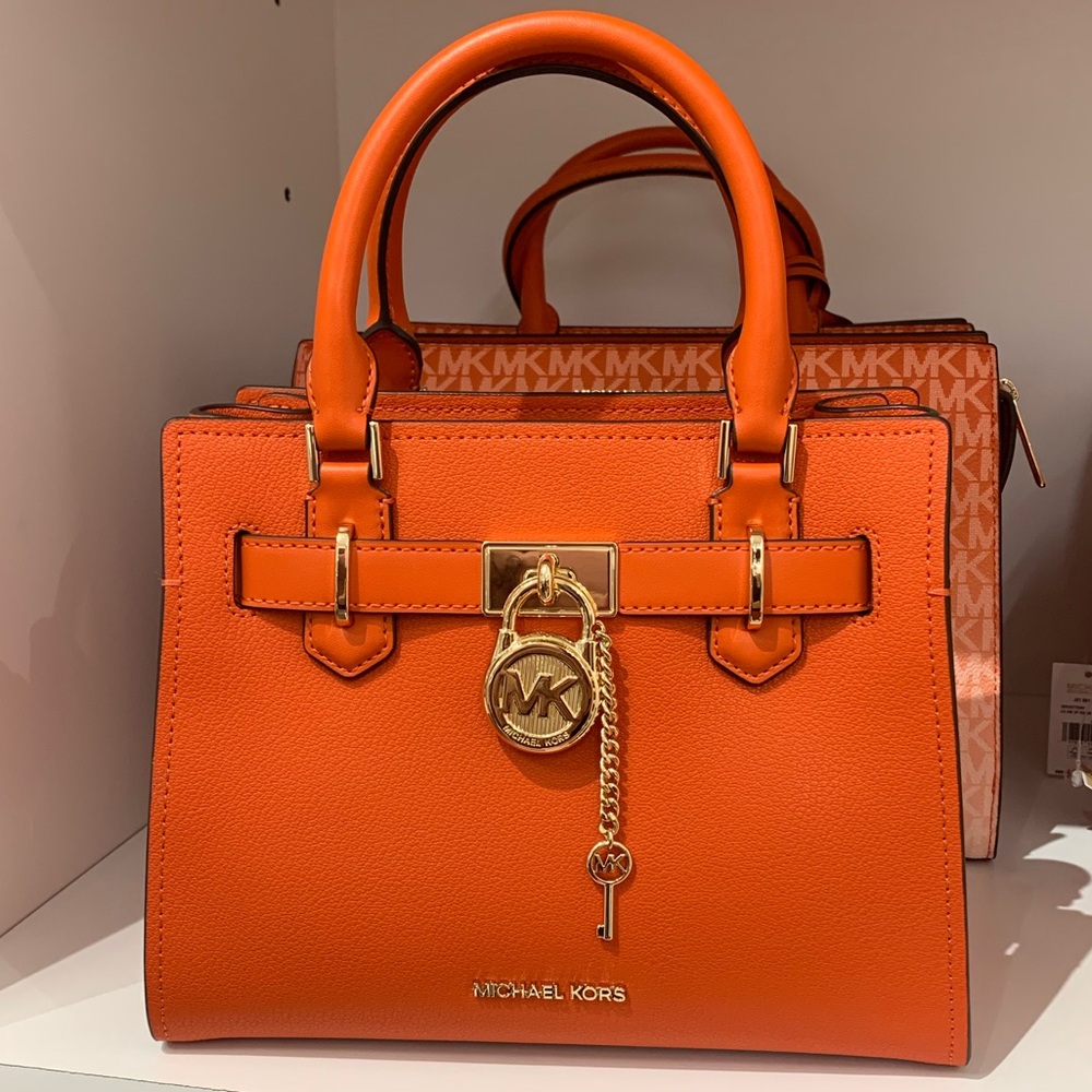 New Michael Kors Orange Red Clay Hamilton Small Satchel Bag Purse Crossbody Bag - Picture 2 of 8
